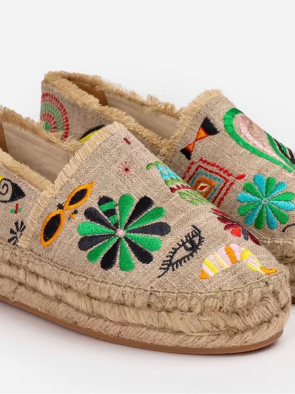 Johnny Was Embroidered Tan Espadrilles with Green & Black Accents